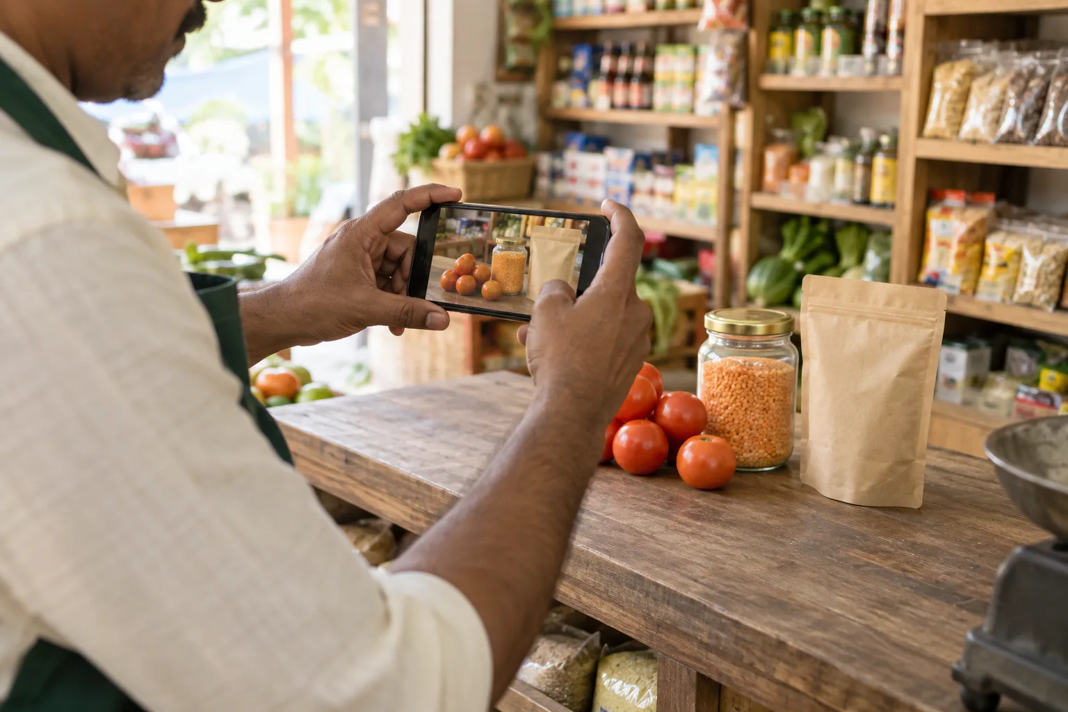 A shop owner photographing products with a phone for an online catalogue