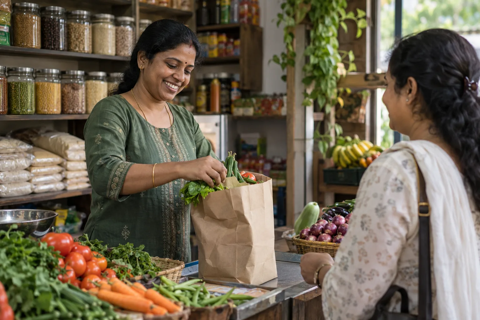 A neighborhood shop owner packing fresh groceries for a customer