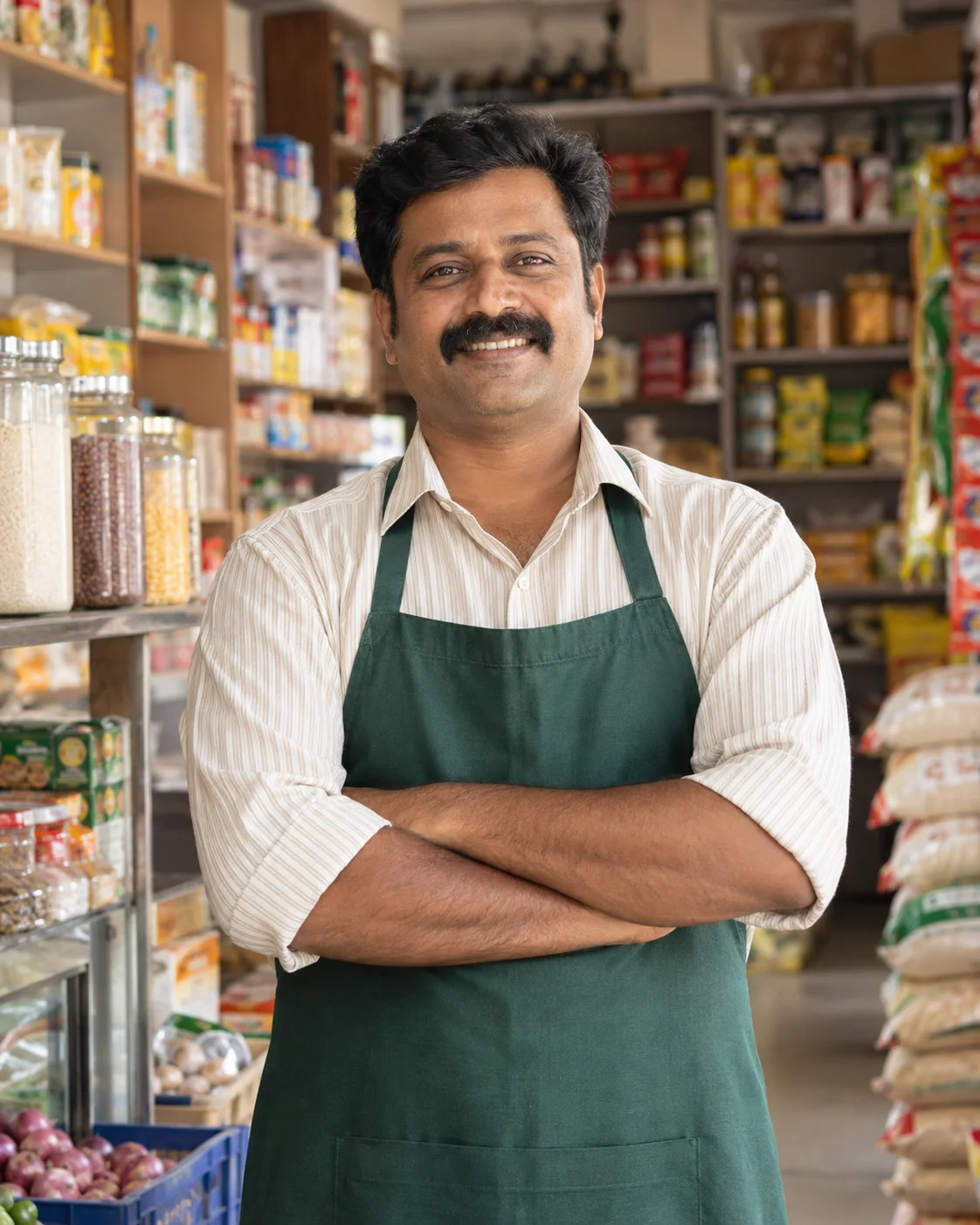 A smiling neighborhood grocery shop owner wearing a green apron in his shop